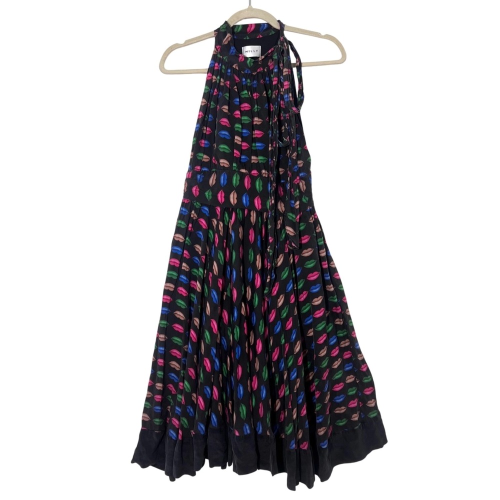 Milly Halter Midi Dress Size 6 Lip Print 100%‎ Silk Pin Up Rockabilly Elegant